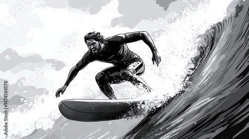Dynamic black and white illustration of a surfer riding a powerful wave.