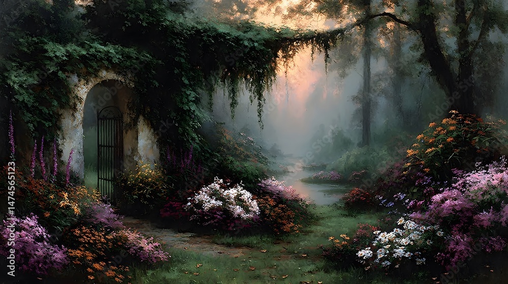 Obraz premium Enchanting Twilight Garden Scene with Pastel Flowers, Dew-Kissed Petals, and Ivy Over a Quaint Archway Bathed in Golden Light
