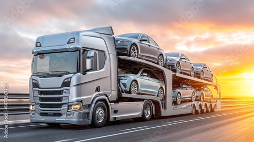 A silver semi truck is carrying a load of cars