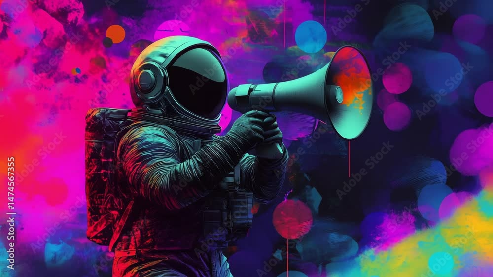 An astronaut uses a megaphone to communicate in a colorful cosmic setting filled with abstract patterns and vibrant hues An astronaut uses a megaphone to communicate in a colorful cosmic setting filled with abstract patterns and vibrant hues