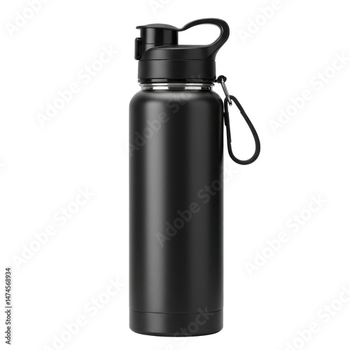 Matte black metal water bottle with carabiner clip on black background with black cap