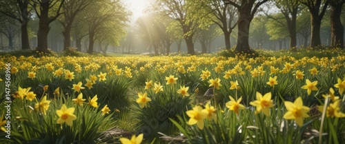 Golden daffodils burst forth in a verdant spring meadow ,  meadow,  beauty