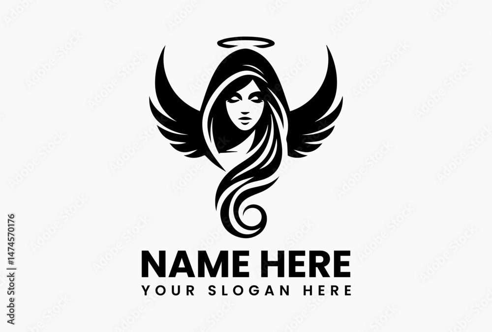 Fototapeta premium Bold Hooded Winged Woman Graphic. Ethereal Mystery Vector Logo Design