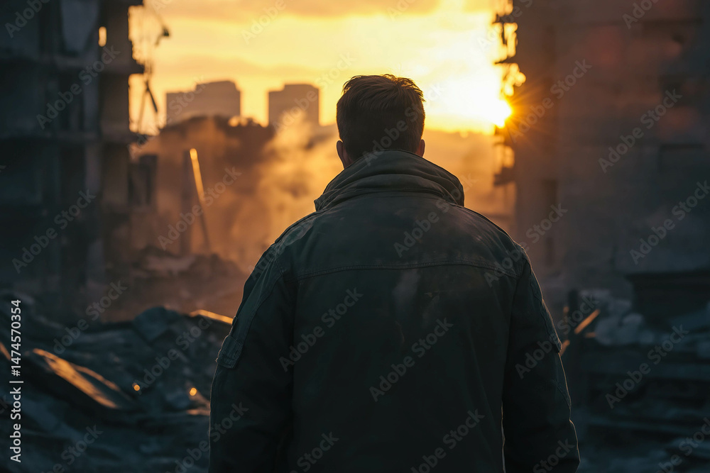 Fototapeta premium a man in a jacket stands in a city destroyed by war or a disaster at dawn, a view from the back.