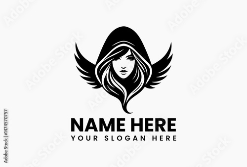 Detailed Hooded Winged Woman Silhouette. Mystical Female Vector Logo Motif