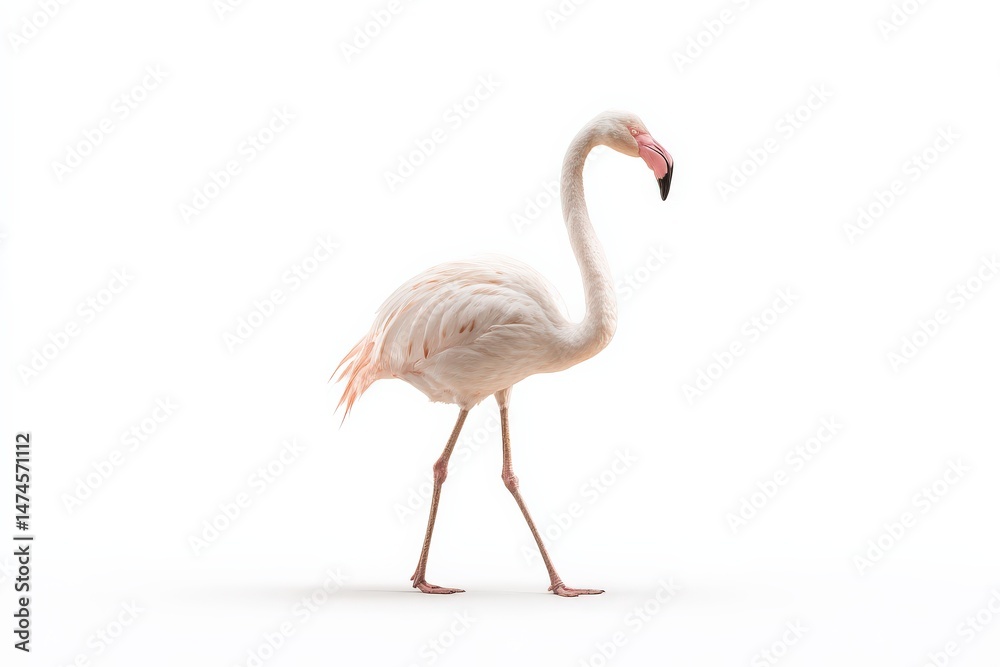 Obraz premium A graceful flamingo stands against a white background, its pink plumage and long legs elegantly displayed.