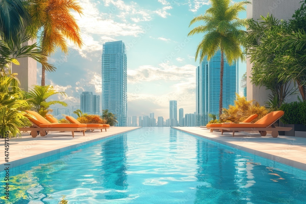 Fototapeta premium Serene Tropical Poolside Oasis with Urban Skyline View