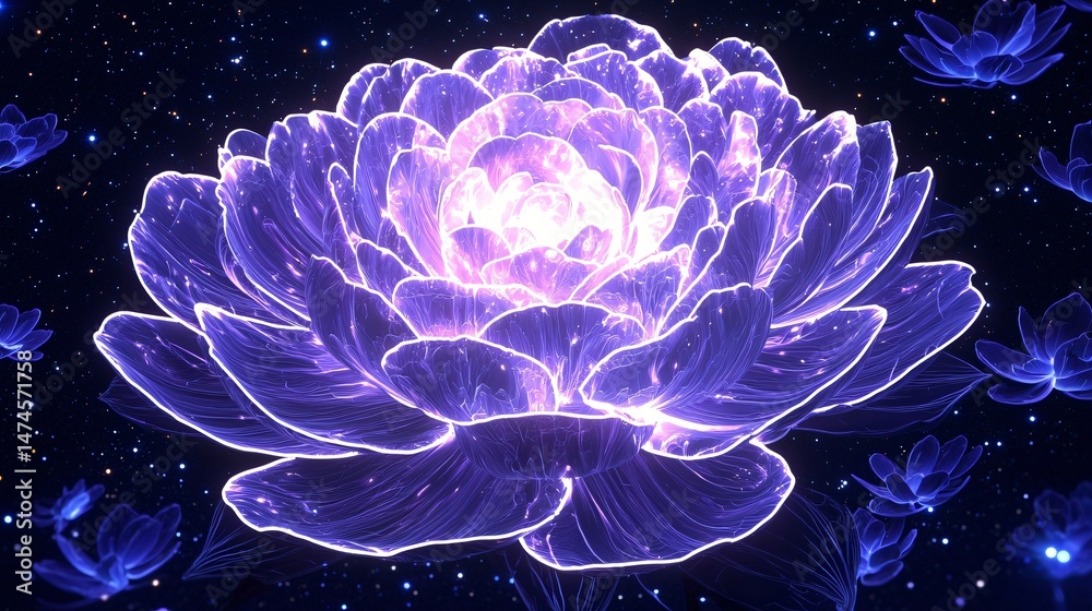 Obraz premium Interstellar rose blossom drifting in the void, glowing petals crafted from ionized elements, ambient starfield offering a quiet contrast