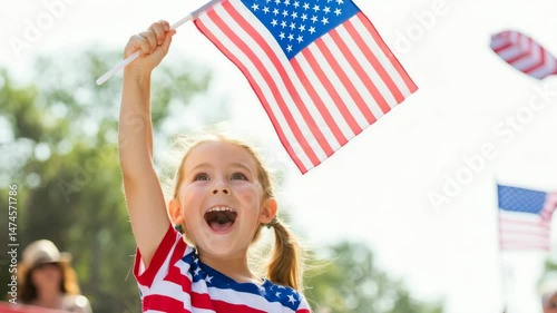 Joyful celebration with kids waving american flags outdoors on a sunny day