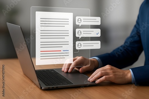 Close-up of a person's hands typing on a laptop, with a digital document and feedback displayed, showcasing efficient online collaboration.