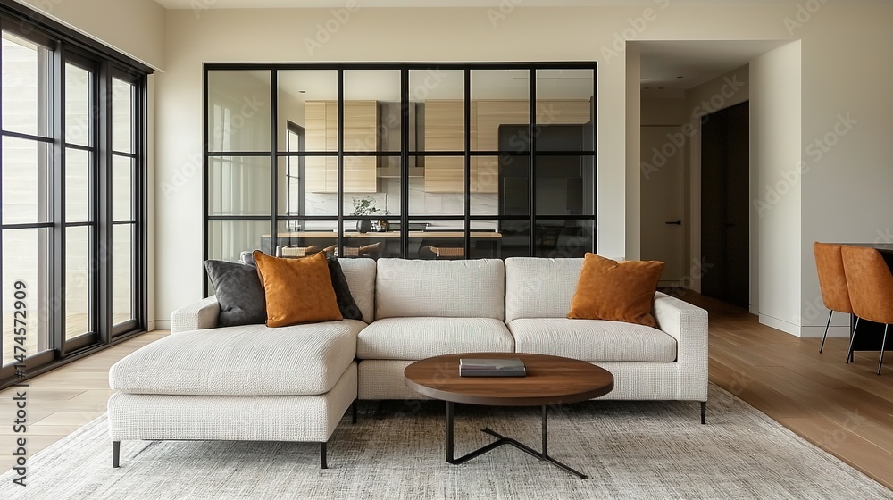 Fototapeta premium Motorized glass walls create dynamic space in modern home living room open concept design contemporary environment