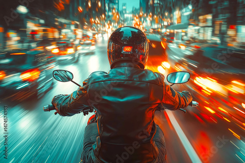 A man rides a motorcycle in city traffic, View from the back, Close-up. Neural network generated image. Not based on any actual scene or pattern.