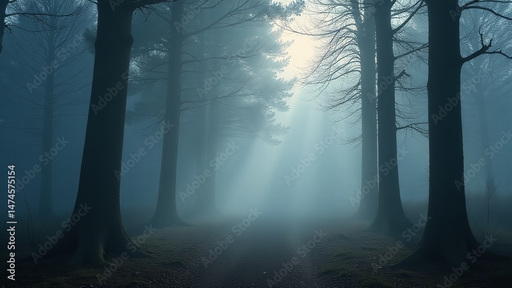Naklejka premium Trees in foggy landscape, mysterious atmosphere, soft light, hidden forest, atmospheric scene, nature