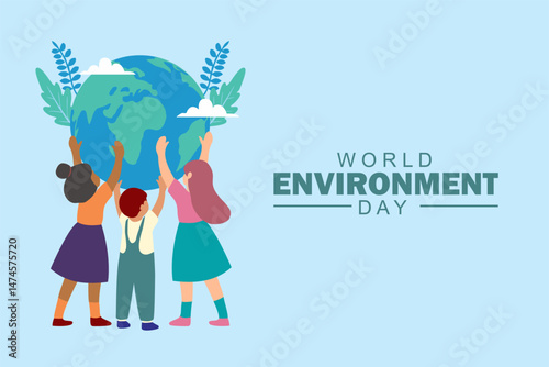 World Environment Day poster with Children Holding Earth Globe. Celebrating World Environment Day. Set against a light blue background with green leaves and clouds. Vector Illustration