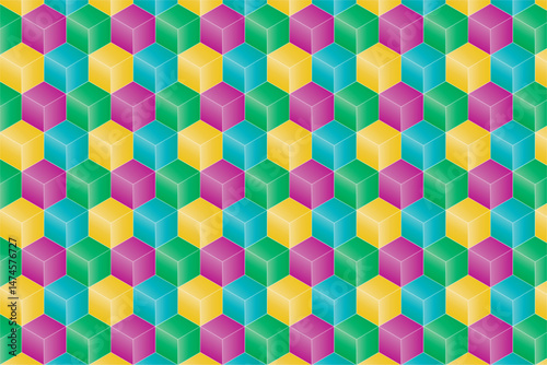 Bright And Colorful Seamless Pattern Of Isometric Cubes Forming A Mesmerizing Optical Illusion. Perfect For Modern Packaging, Digital Art, Wallpapers, And Abstract Design Backgrounds.