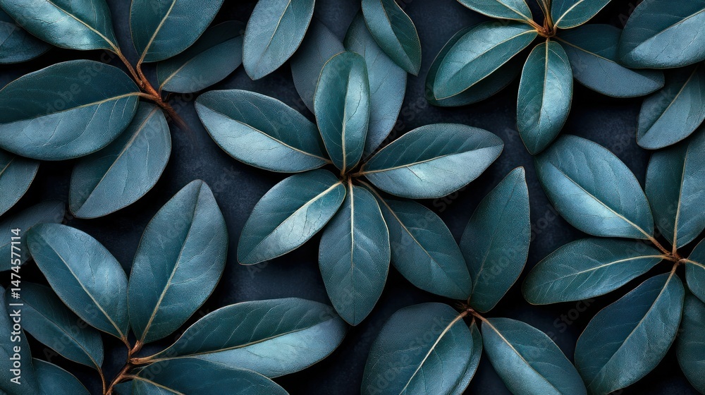 Dark teal leaves arranged in a repeating pattern, creating a textured background Dark teal leaves arranged in a repeating pattern, creating a textured background