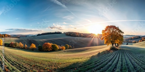 Panoramic Autumn Landscape: Slanted Field at Sunset