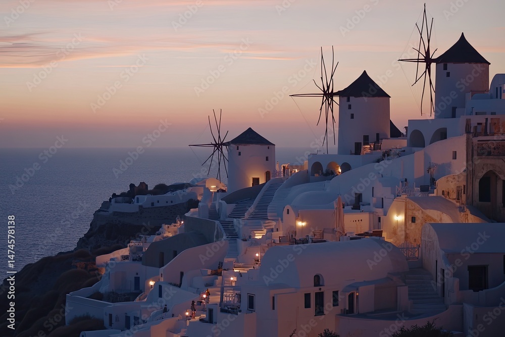Fototapeta premium Santorini Village with Windmills and White Buildings at Dusk above the Aegean Sea