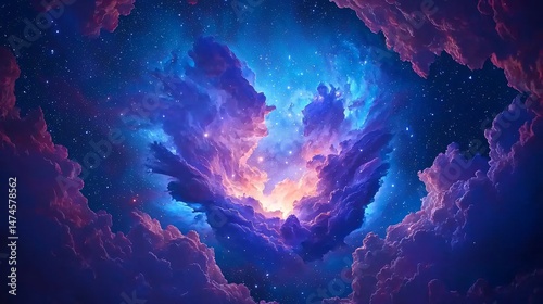 Fototapeta Naklejka Na Ścianę i Meble -  A stunning cosmic structure resembling a rose in full bloom, formed by layers of red, orange, and indigo gas illuminated by clusters of small but intensely bright stars