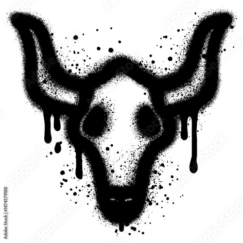 Illustration of a bull's head with big horns. The bull's head is depicted in graffiti style, spray painted in black.