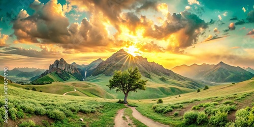 Panoramic Landscape: Majestic Mountain Range at Golden Hour