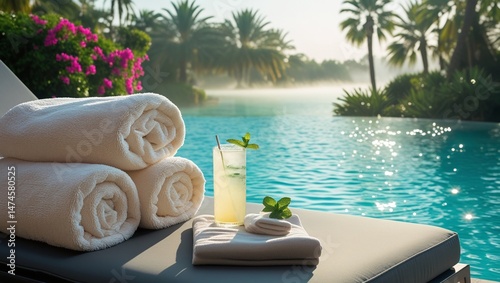 A tranquil poolside setup with soft white towels on a sleek lounge chair, a refreshing mint drink, and sparkling turquoise water, framed by palm trees and vibrant flowers—evoking pure luxury and relax