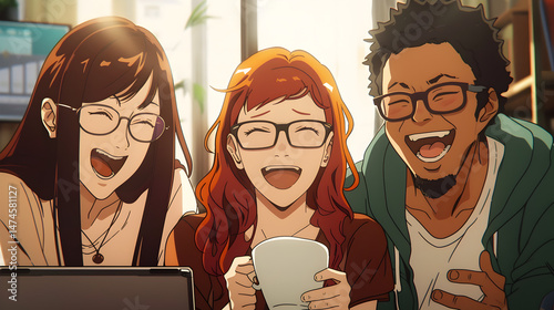 Three animated friends laughing together with a laptop and a mug in a bright and cheerful setting