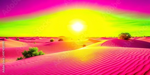 Panoramic Sunrise Desert Oasis: Golden Dunes, Tranquil Landscape