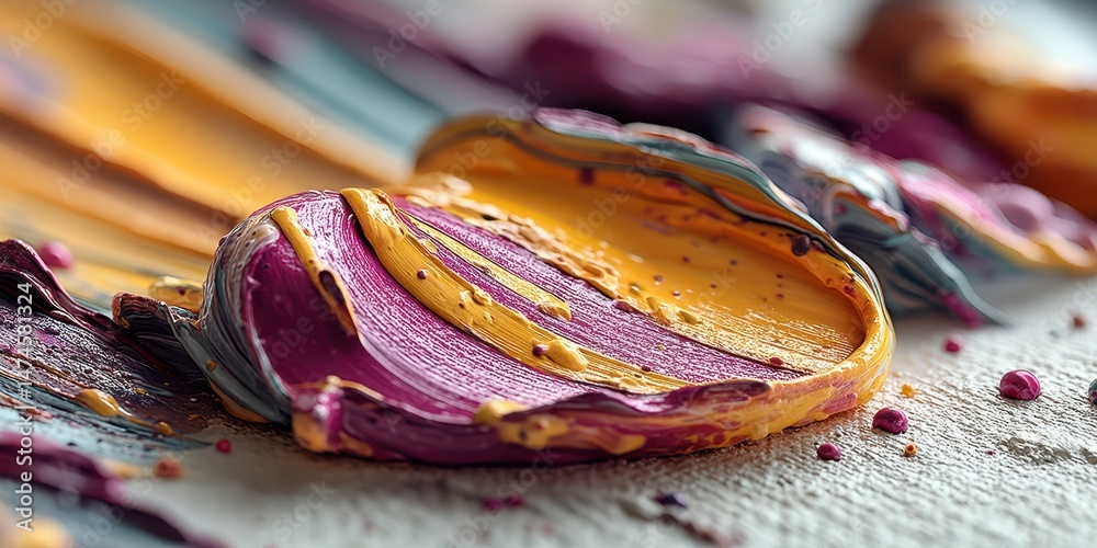 Fototapeta premium Colorful paint texture showcases vibrant blending and swirling of hues on a textured canvas during the creative process