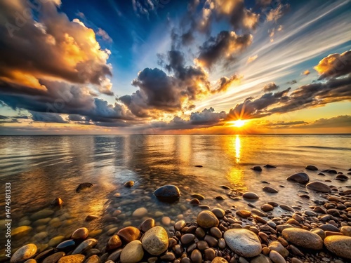 Panoramic Sunset Seascape: Smooth Stones on Coastal Horizon