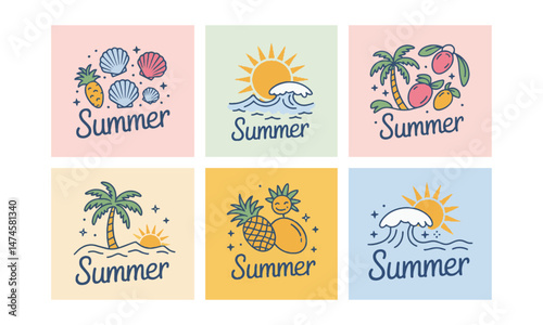 Modern vector-style summer-themed postcards in minimalist line art, easily scalable and editable.