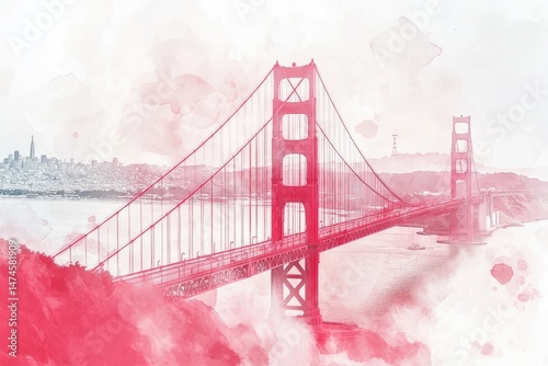 Iconic bridge, city skyline, watercolor style