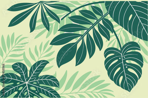 Green Tropical Flowers on Light Green Background
