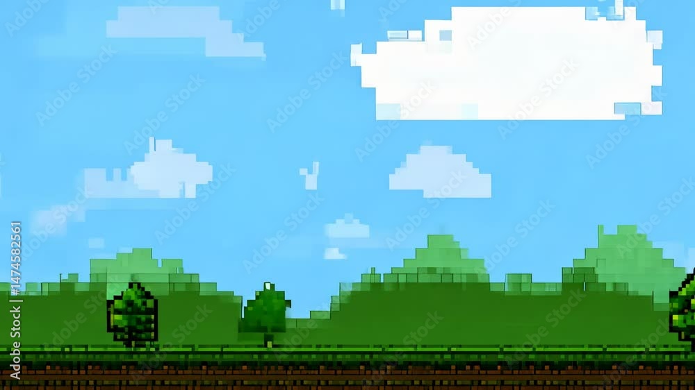 Retro pixel art game background with green landscape, blue sky, trees, and clouds in side-scrolling style