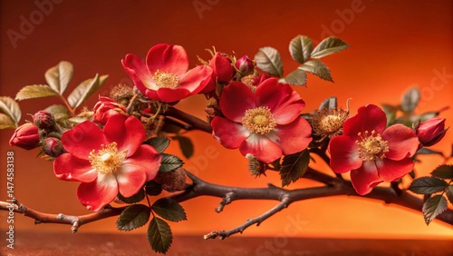 Panoramic Watercolor Dogrose Twig, Delicate Pink Blossom, Spring Nature Photography