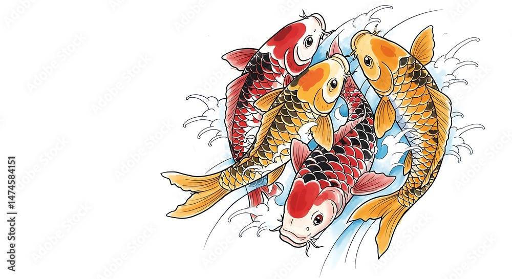 Obraz premium Colorful koi fish swimming upstream, tattoo sketch, white background