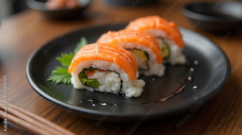 Sushi roll on a black plate, image created using AI Sushi roll on a black plate, image created using AI