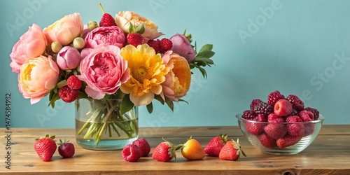 Pink Peonies & Fresh Fruit Still Life: Vibrant Spring Tabletop Photography