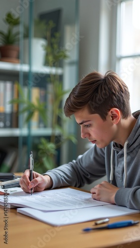 Student writing essay, focused at desk, academic work, writing tools, organized study materials
