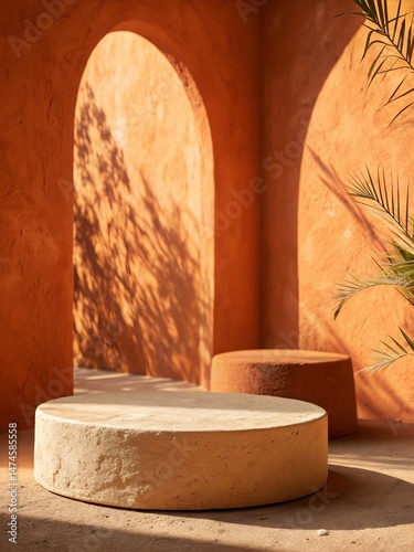 Terracotta stone podium in sunlit orange arched alcove with palm shadow