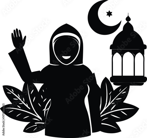 Smiling Woman in Abaya Holding Ramadan Lantern with Crescent Moon and Star