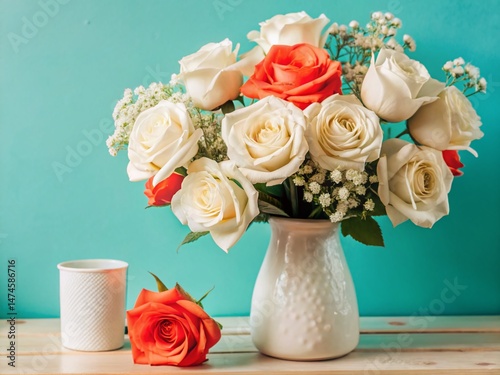 Pure White Roses: Elegant Floral Arrangement on White Table - Stock Photo