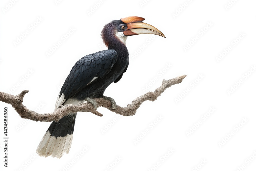 Fototapeta premium Rufous-necked Hornbill perched on a branch, striking pose against a white background.