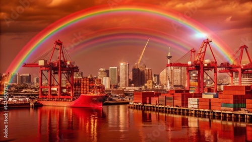 Rainbow Over Harbor Port Cityscape Double Exposure Stock Photo