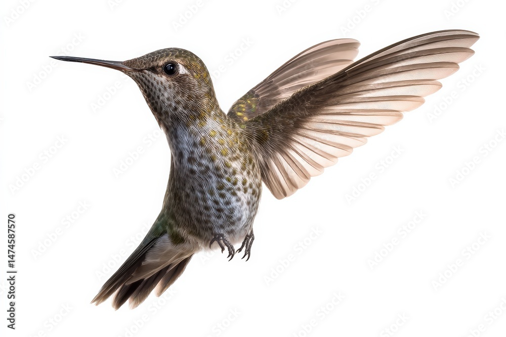 Fototapeta premium Hummingbird in flight, wings spread wide, isolated on white.