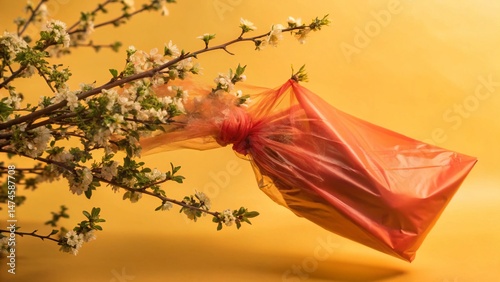 Red Cellophane Bag Hanging on Spring Blossoms - Long Exposure Photography