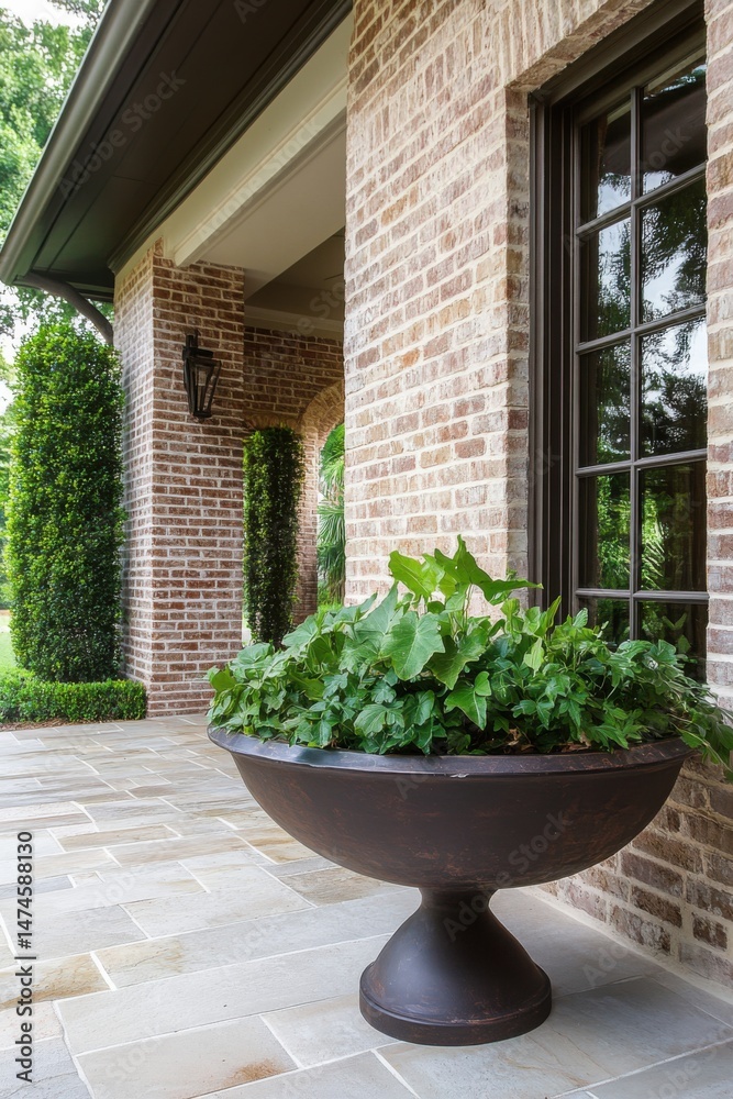 Fototapeta premium Elegant landscaping features a large planter filled with lush greenery beside a brick facade of a beautiful home, showcasing a serene outdoor atmosphere in daylight