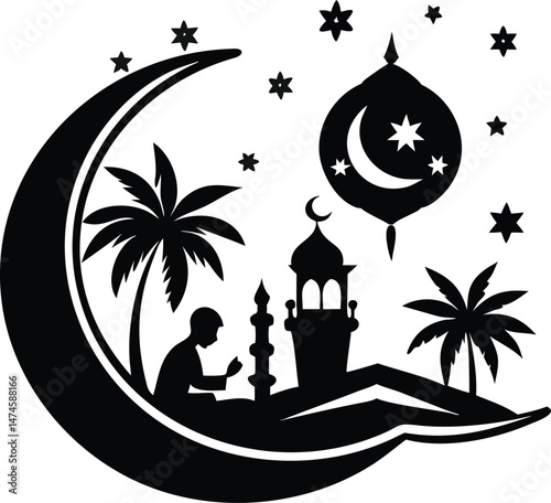 Silhouette of a Person Praying at a Mosque Under a Crescent Moon and Stars