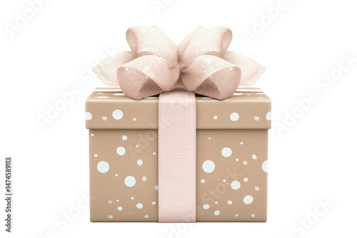 A beige gift box with white dots, adorned with a pink glitter bow