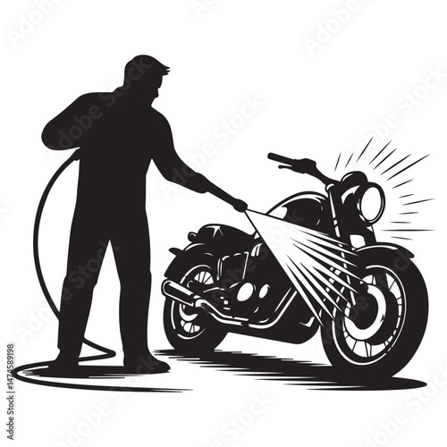 Silhouette of Man washing a motorcycle with high pressure washer. Spraying water from the hose.of motorcycle wash Vector Black silhouette. with white background